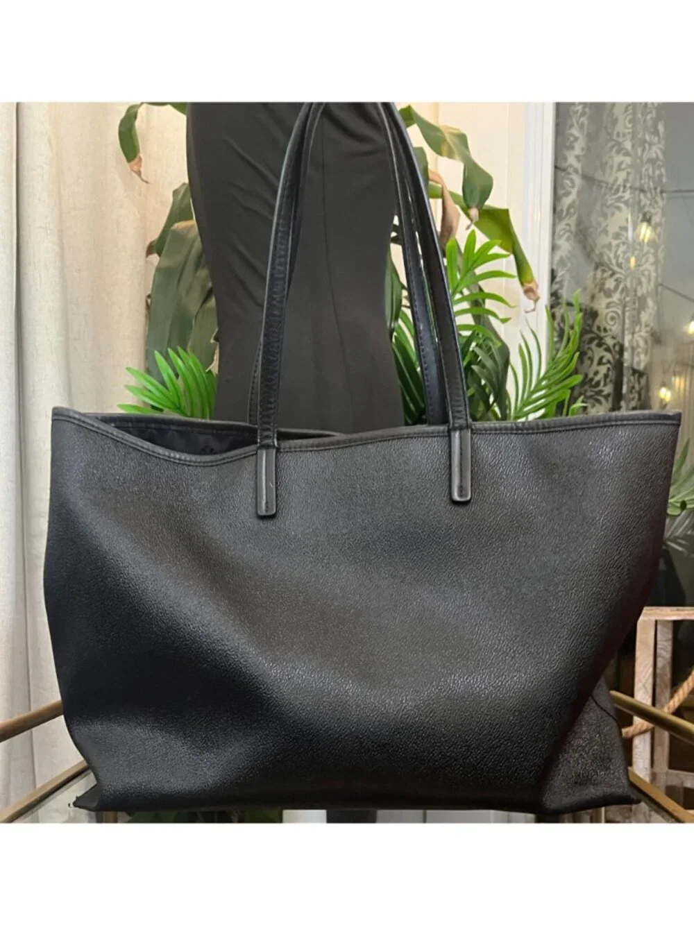 TORY BURCH BLACK STEFANO LEAHTER ROBINSON LARGE TOTE